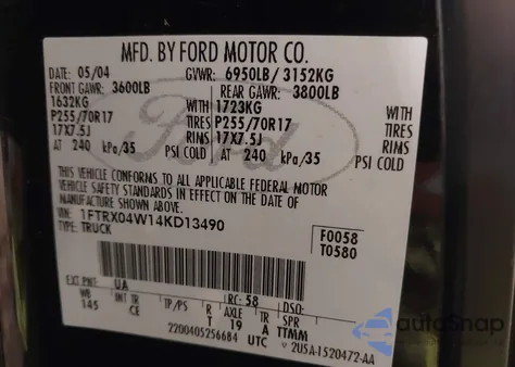 2004 Ford F-150 Stx/Xlt z USA, uszkodzony, nr VIN 1FTRX04W14KD13490